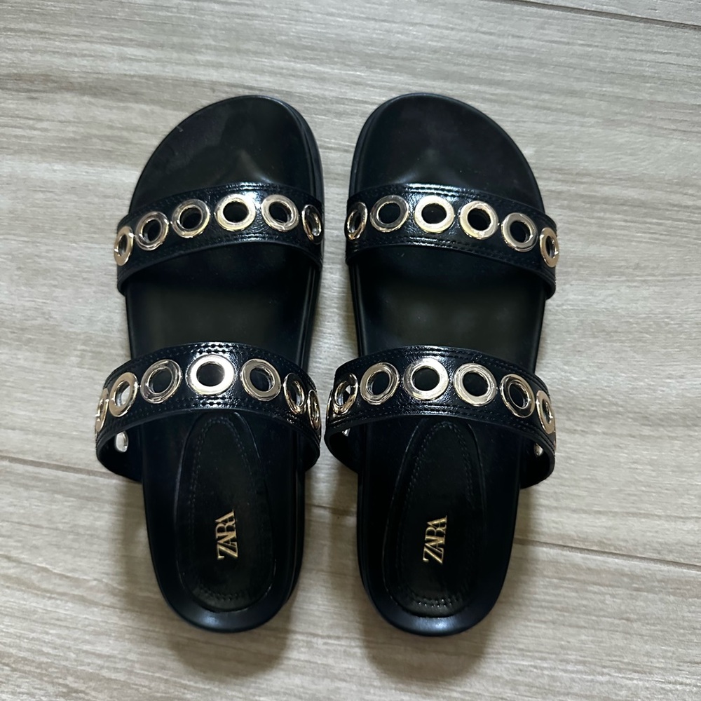 Zara Black Leather Slide Sandals with Gold Accents